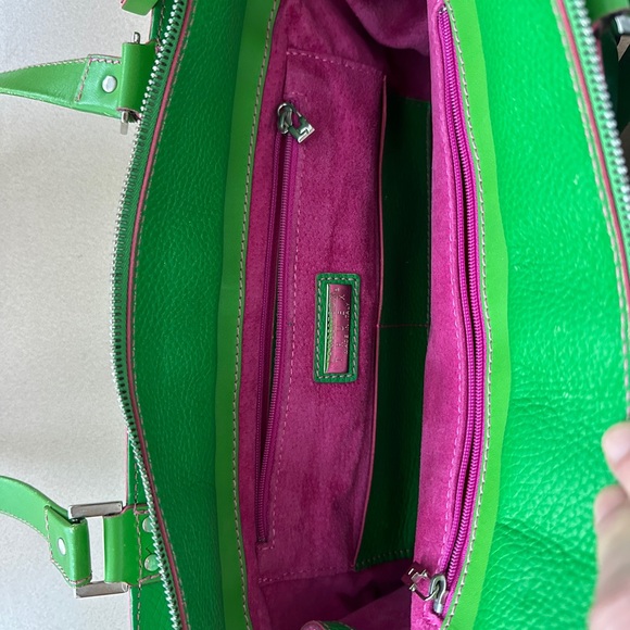 Lambertson Truex handbag bright green leather with hot pink suede lining - Picture 2 of 15
